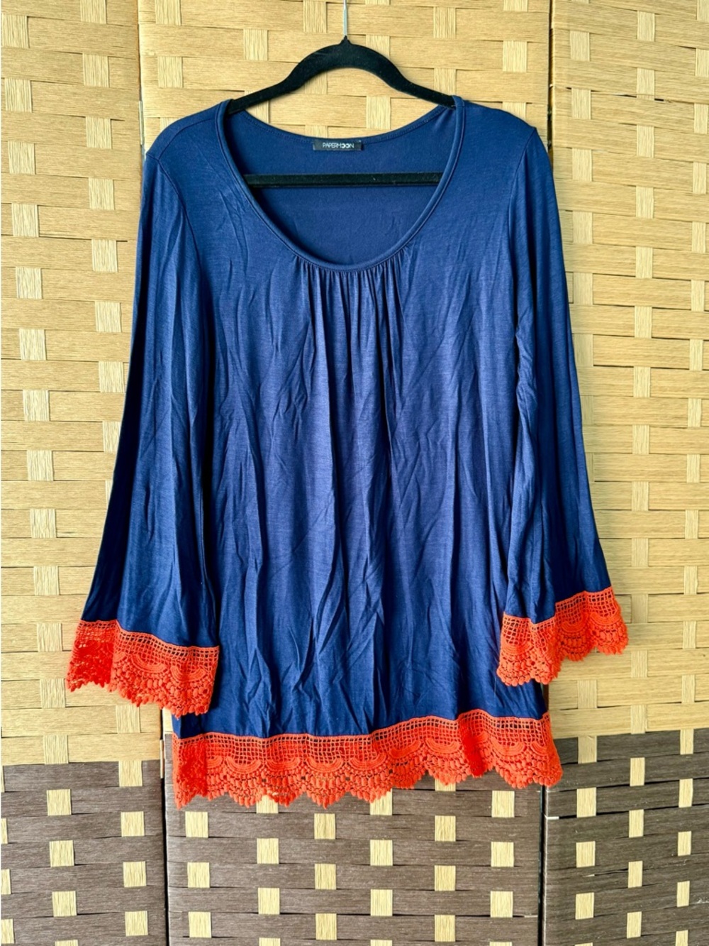 Papermoon Navy Blue Long Sleeve Scoop Neck Top with Orange Crochet Trim